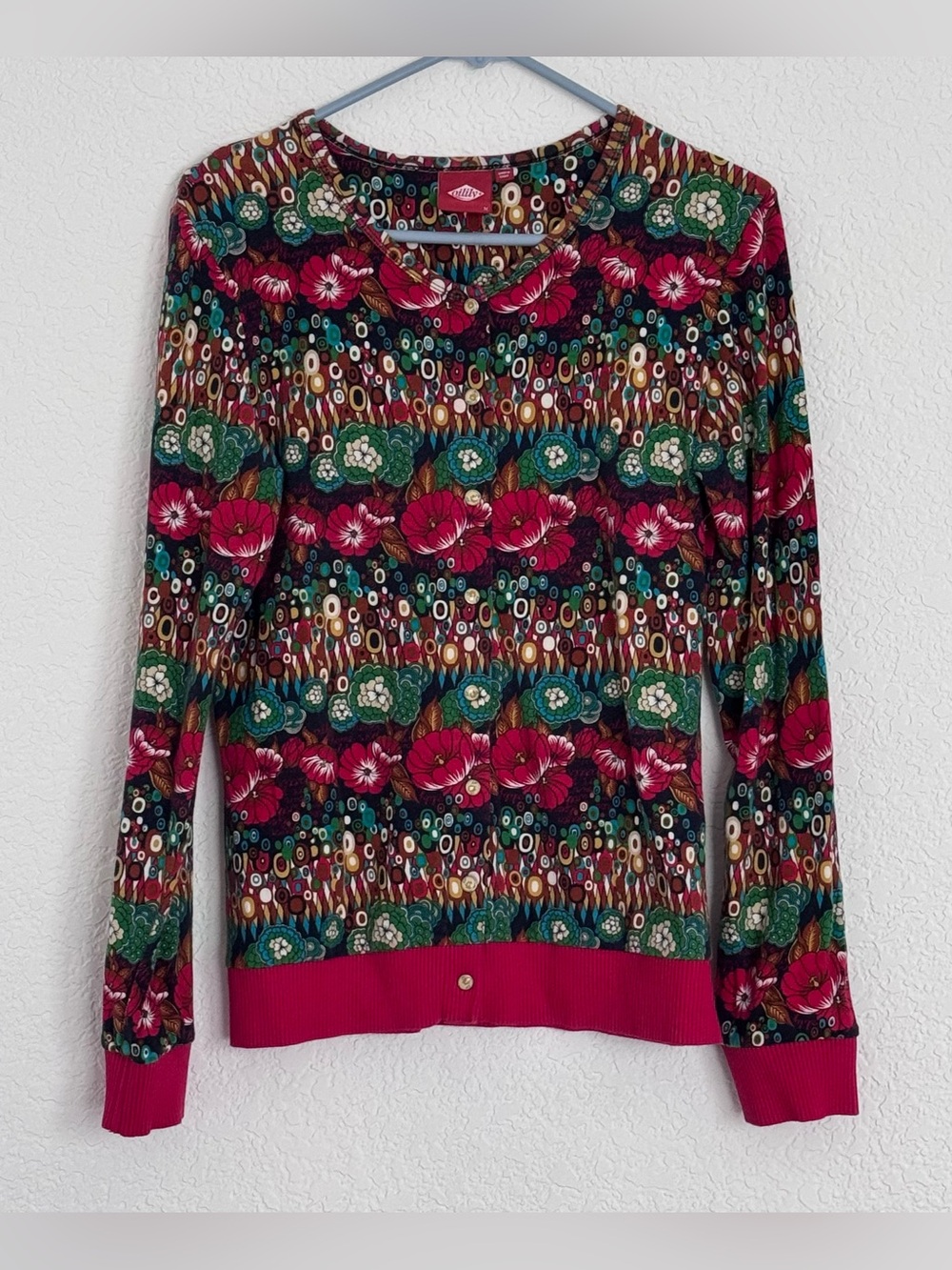 Oilily Cotton Knit Floral Button Up Cardigan
- Pink, Green, Teal, Black